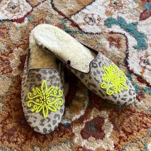 Anthropologie Leather Leopard Neon Beaded Loafers Slippers